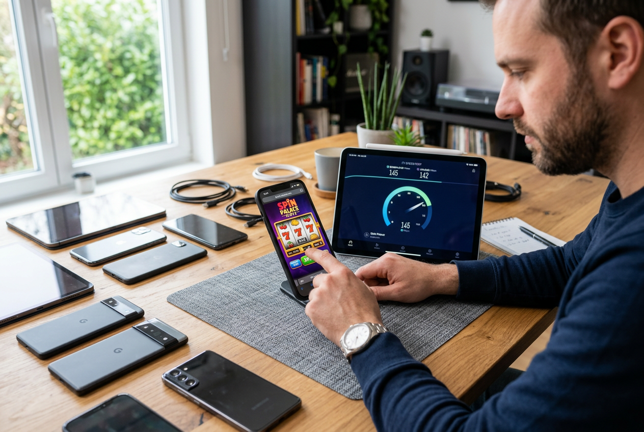 A person testing multiple mobile devices for casino app performance.